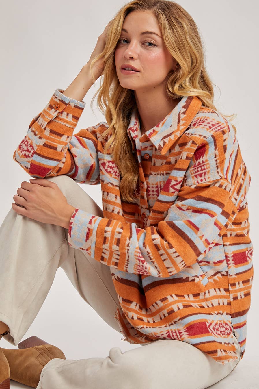 WESTERN GEOMETRIC PRINT HALF-BUTTON DOWN SHACKET PULLOVER