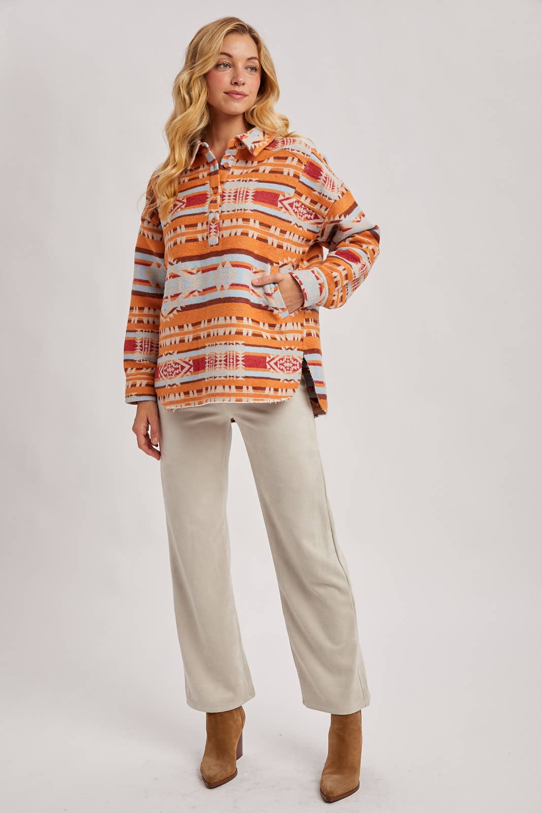 WESTERN GEOMETRIC PRINT HALF-BUTTON DOWN SHACKET PULLOVER