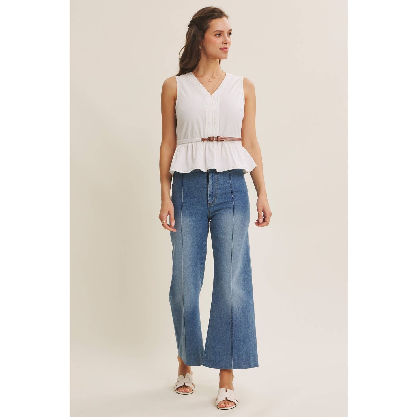 Belted Cotton Top with Contrast Stitching