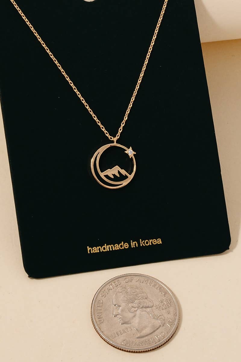 Enamel Moon Mountain And Cz Star Pendant Necklace