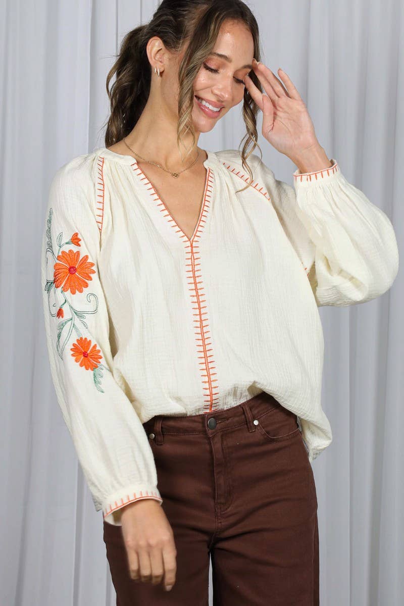 Floral Embroidered Gauze Blouse