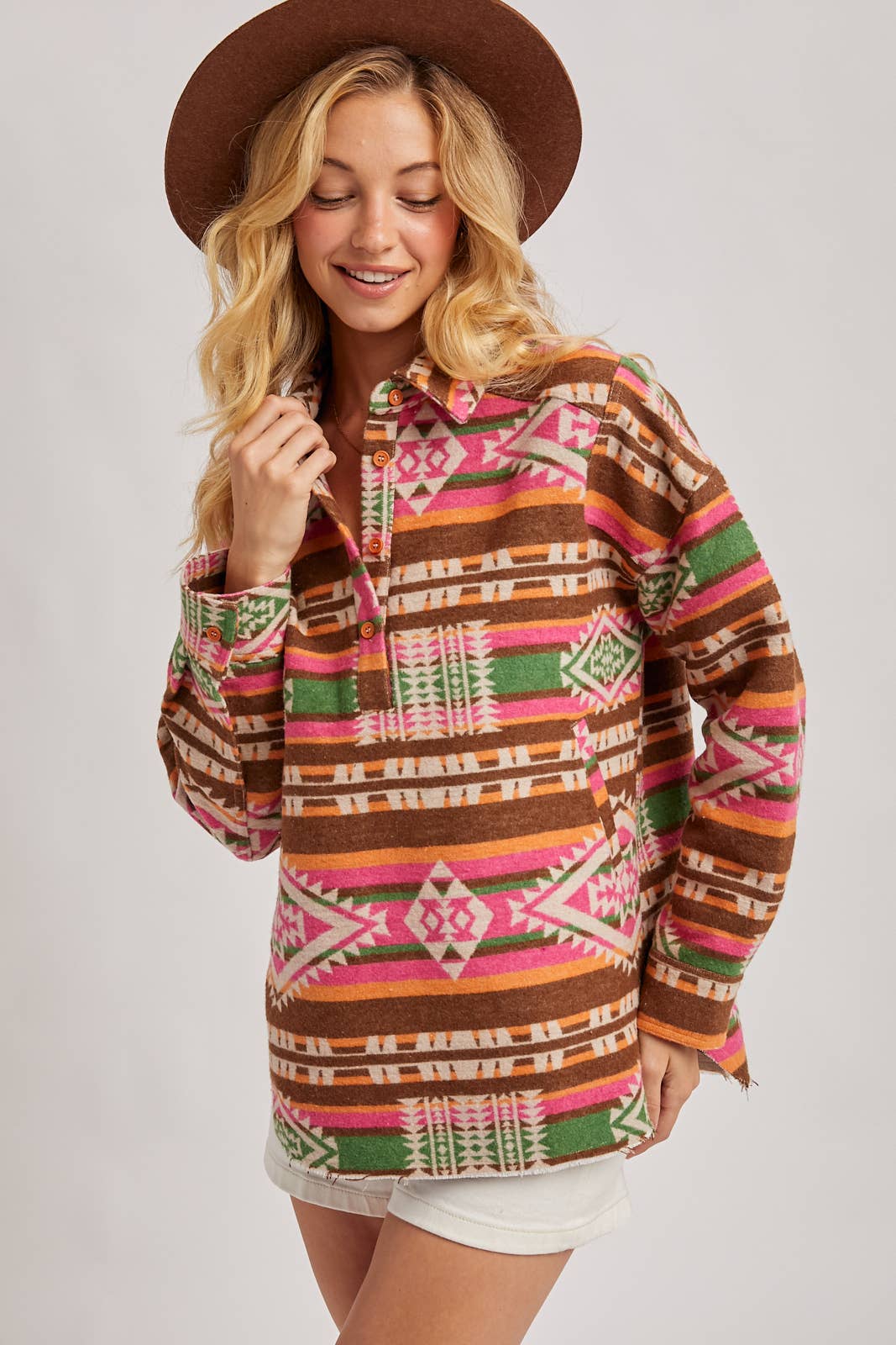WESTERN GEOMETRIC PRINT HALF-BUTTON DOWN SHACKET PULLOVER