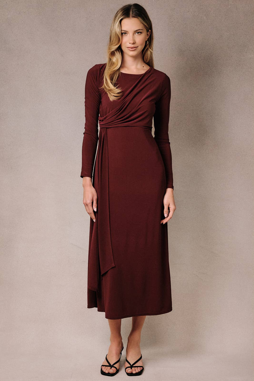 Burgundy Draped Midi Dress