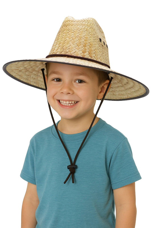 Kids Eyeleted Vegan Leather Trim Straw Lifeguard Hat
