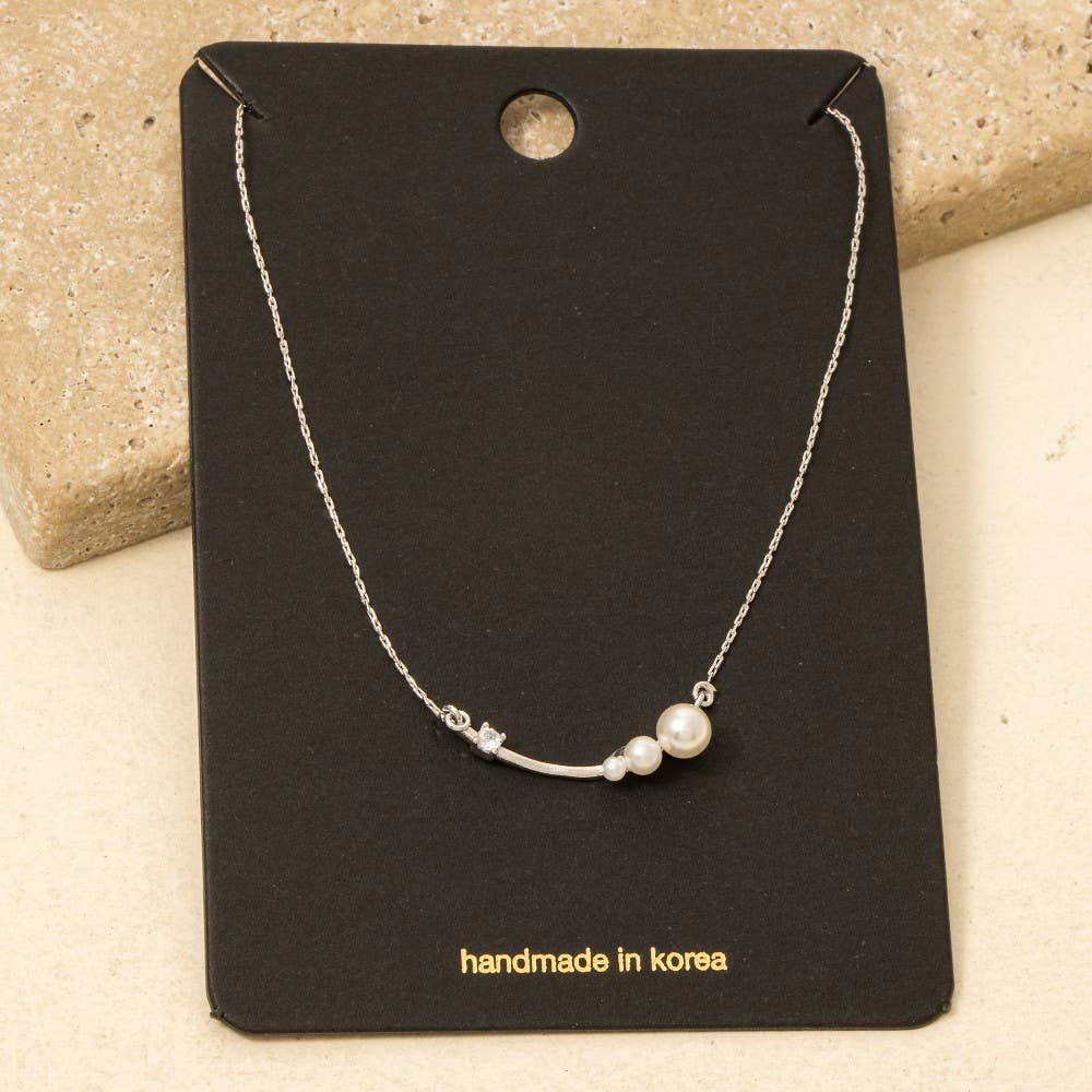 Pearl And Cz Bar Pendant Dainty Chain Necklace
