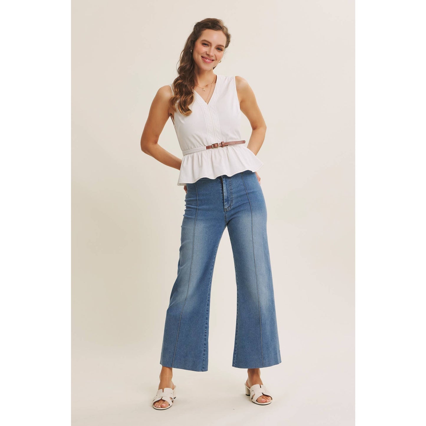 Belted Cotton Top with Contrast Stitching