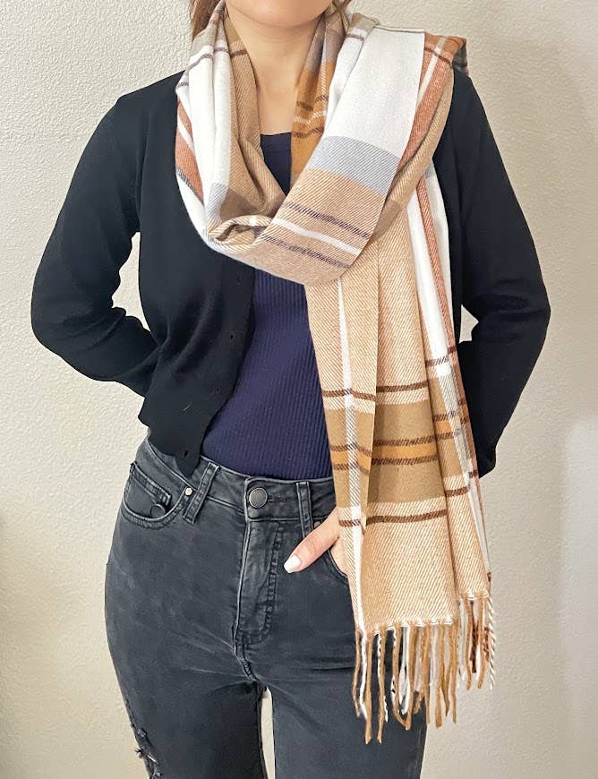 Brown Multi Plaid Fringe Cashmere Ultra Soft Scarf