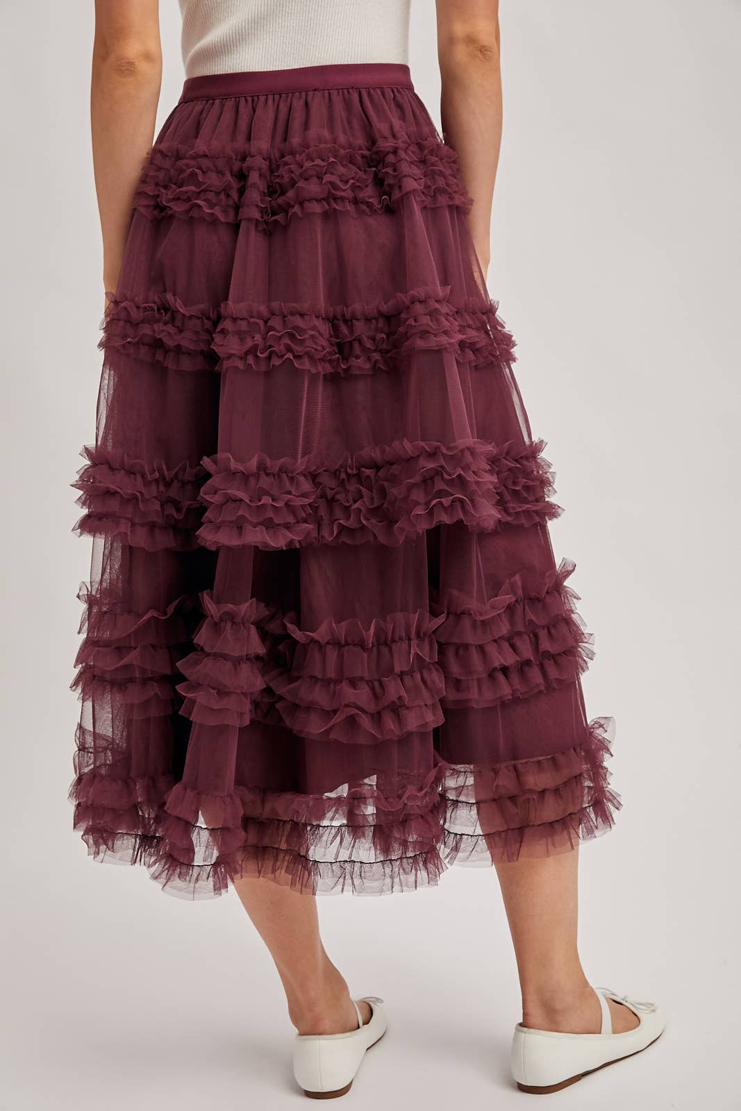 ROMANTIC RUFFLE TIERED TULLE MIDI SKIRT