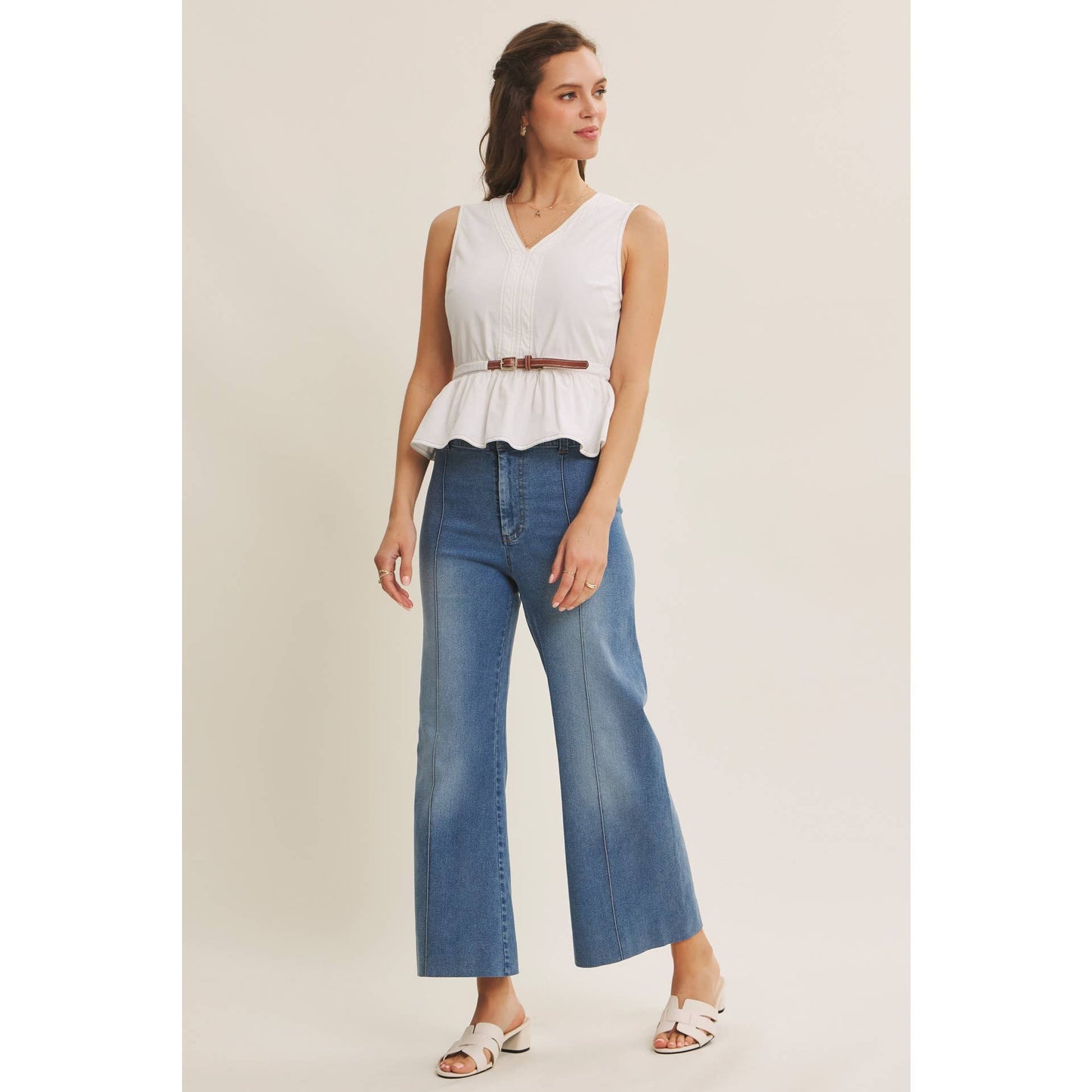 Belted Cotton Top with Contrast Stitching