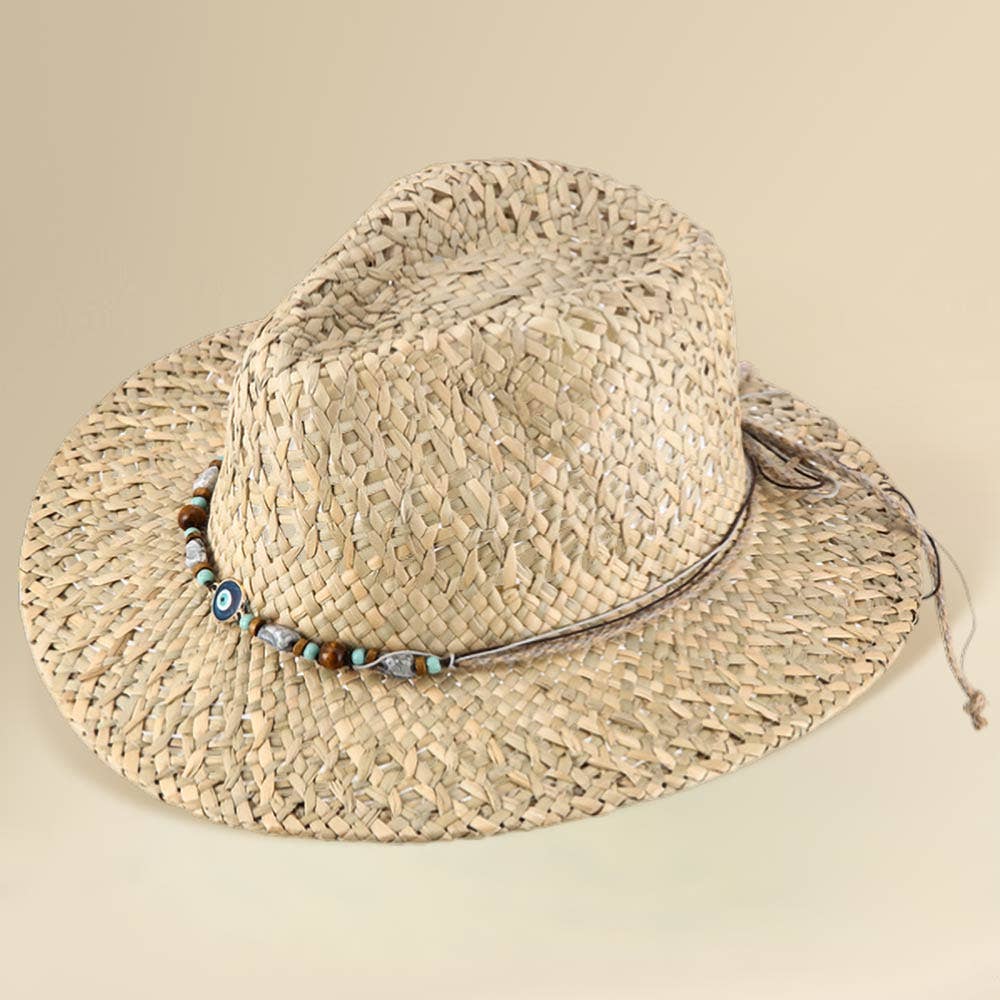 Boho Evil Eye Accent Beaded Beaded Band Breathable Woven Western Summer Cowboy Fedora Sun Hat