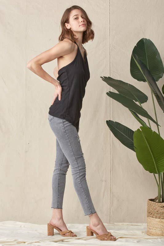 Rib Asymmetric Hem Halter Wrap Tank