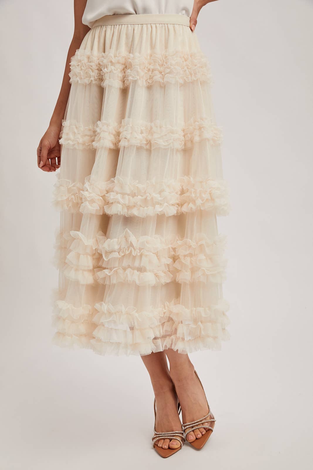 ROMANTIC RUFFLE TIERED TULLE MIDI SKIRT