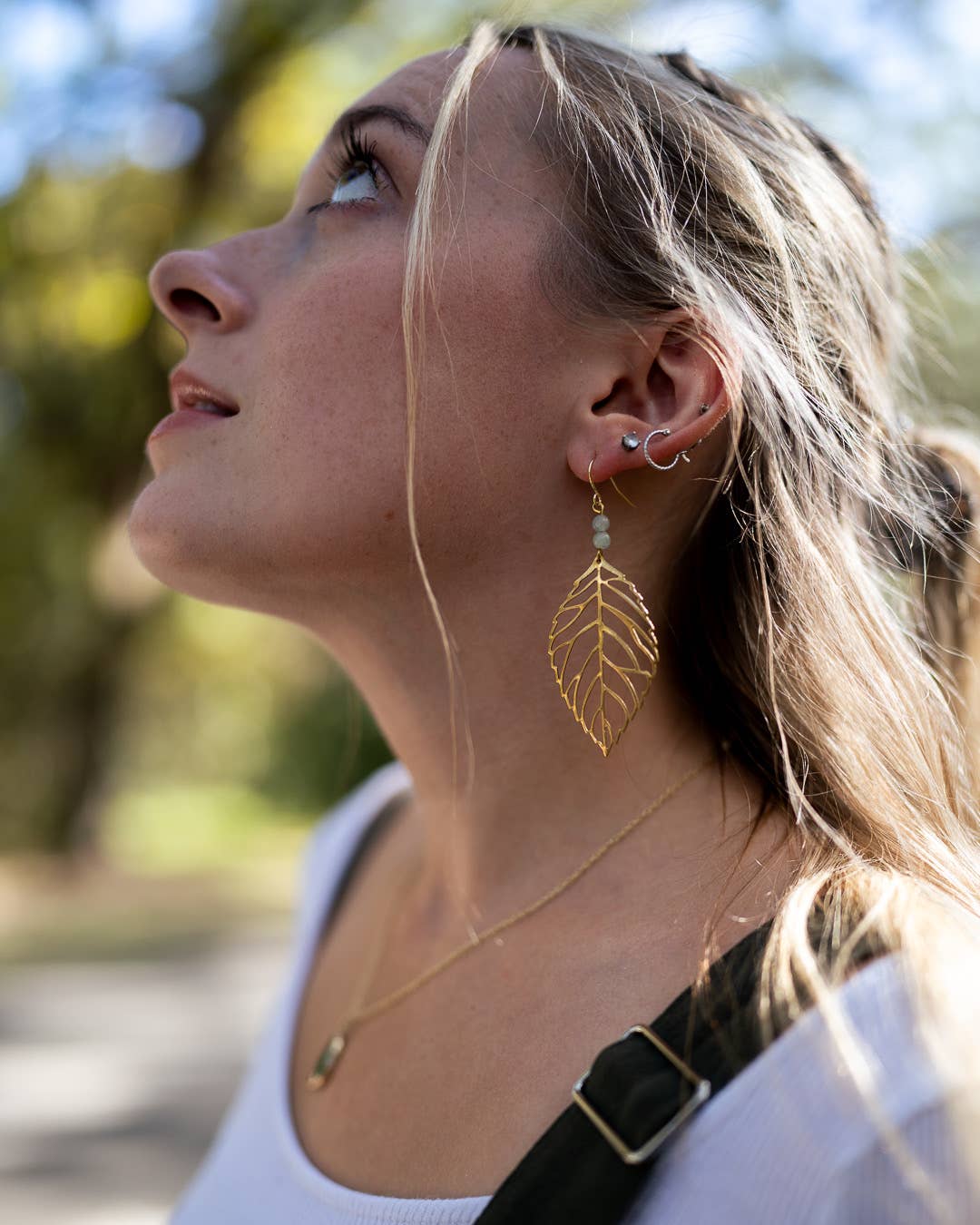 Raw Brass Leaf Earrings with Kiwi Jasper Beads