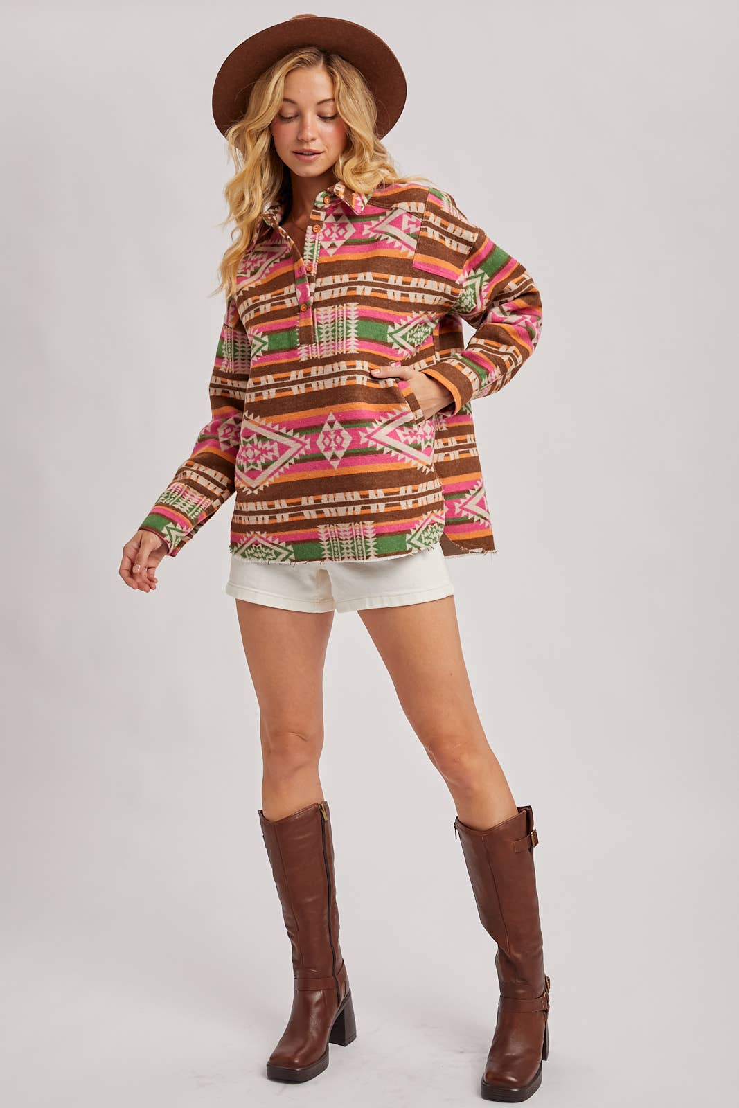 WESTERN GEOMETRIC PRINT HALF-BUTTON DOWN SHACKET PULLOVER