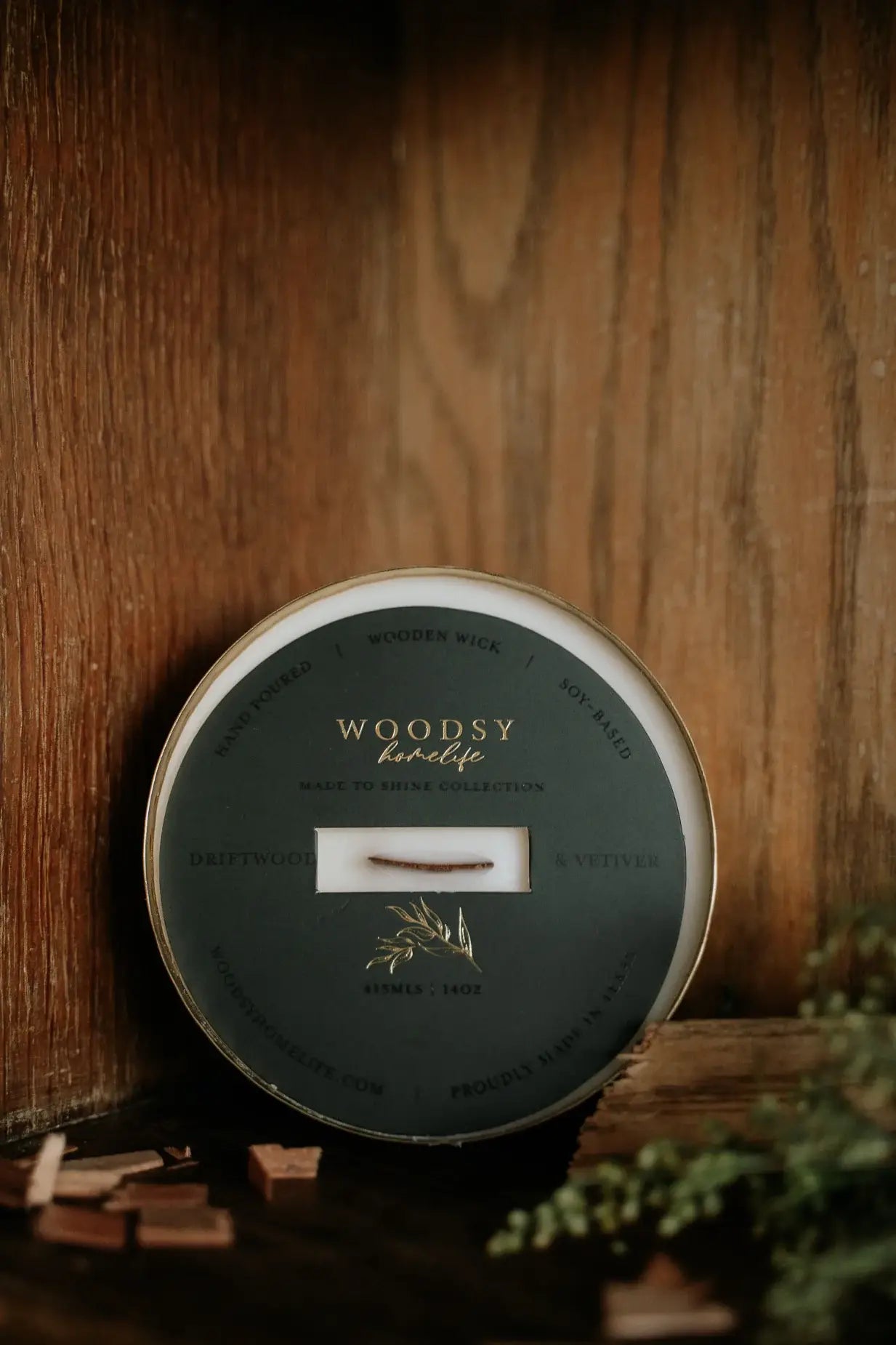 Driftwood & Vetiver-Solid Brass 14oz Pure Soy Candle
