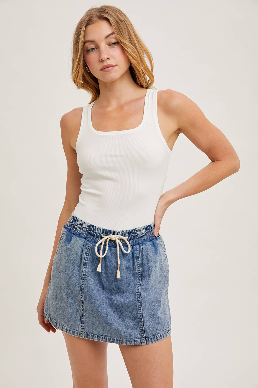 Denim Drawstring Skort with Pockets