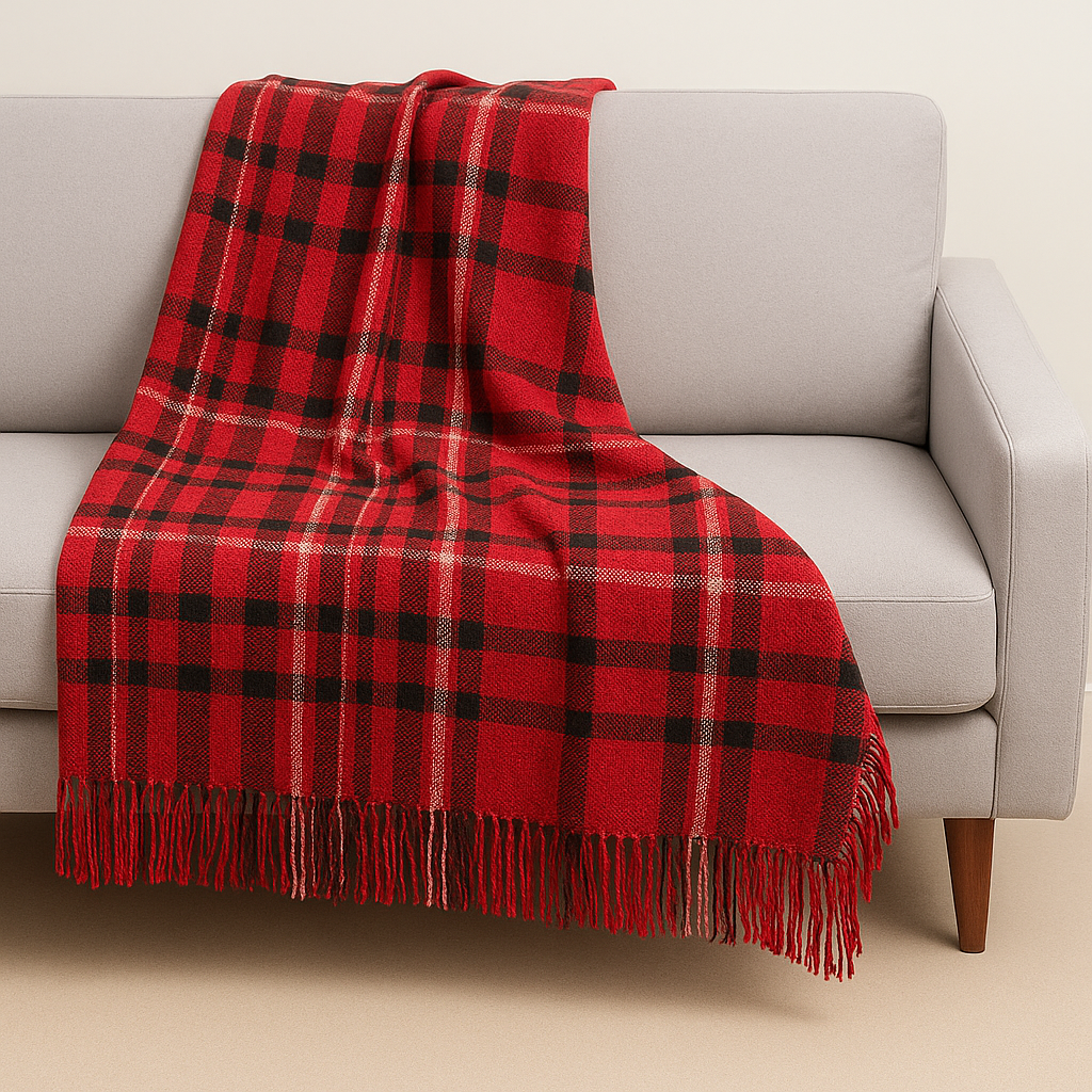 Red Chenille Woven Plaid Tassel 50"x60" Throw Blanket