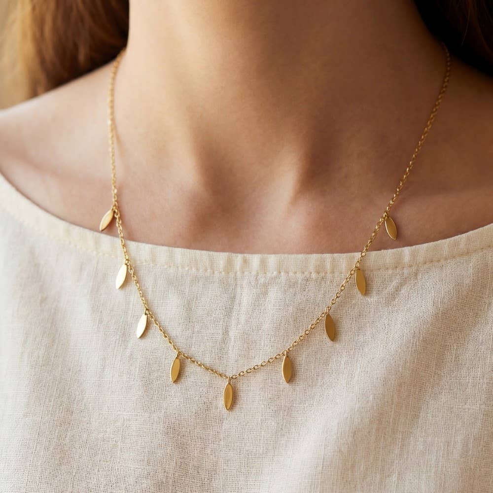 Stainless Steel Leaf Charms Station Necklace