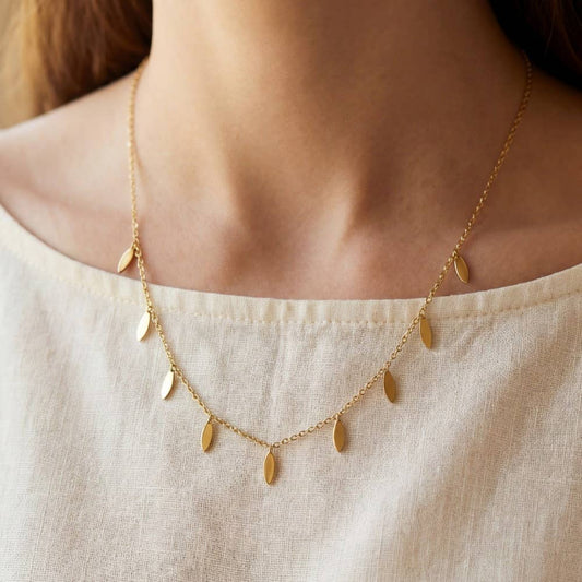 Stainless Steel Leaf Charms Station Necklace