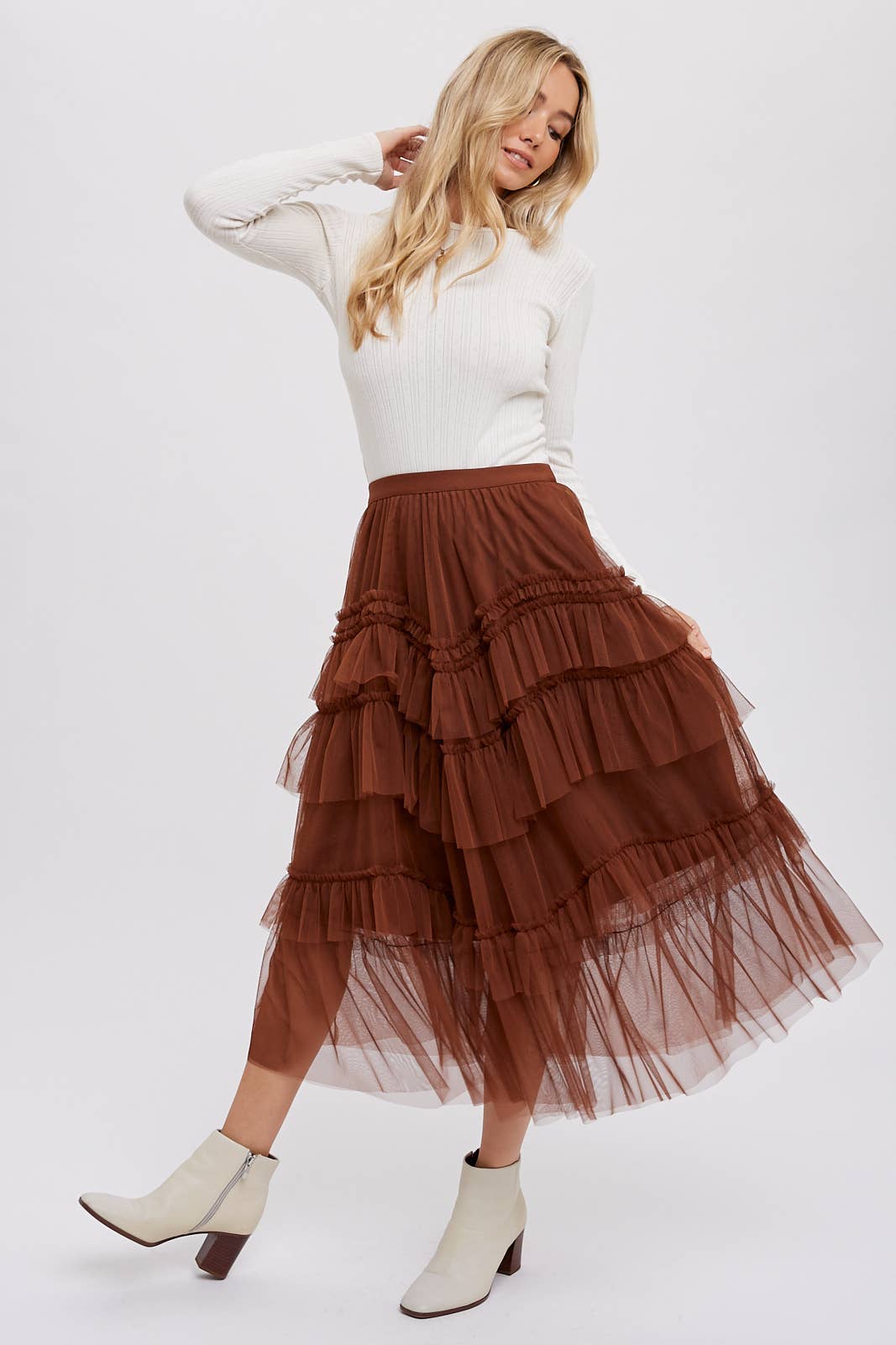 Tiered Ruffled Tulle Midi Skirt