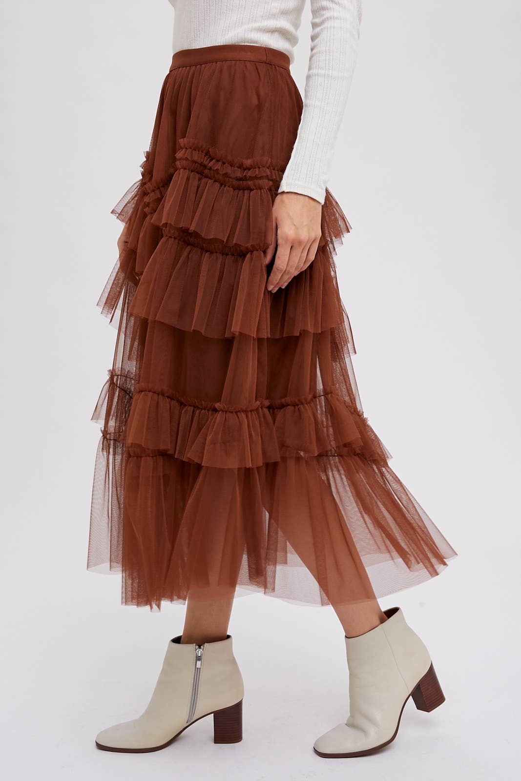 Tiered Ruffled Tulle Midi Skirt