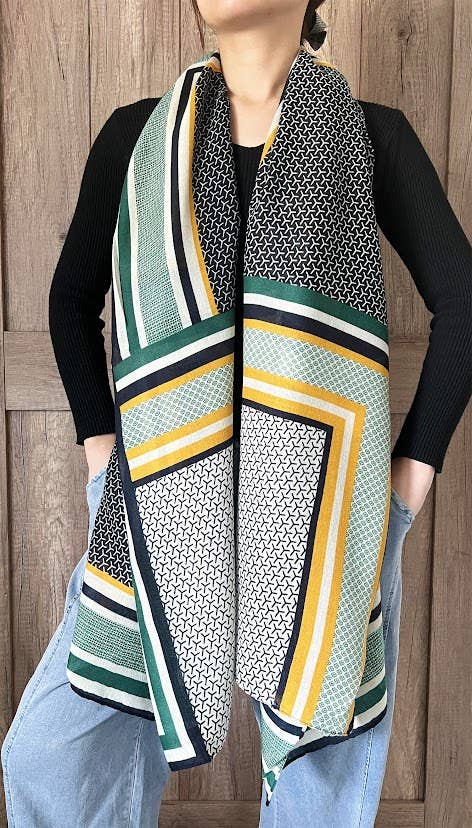 Green Multi Geometric Pattern Cotton-Wool Wrap Scarf