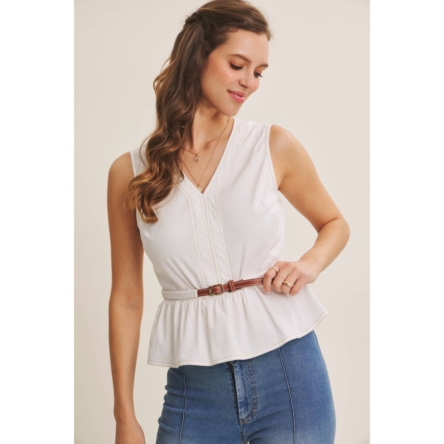 Belted Cotton Top with Contrast Stitching
