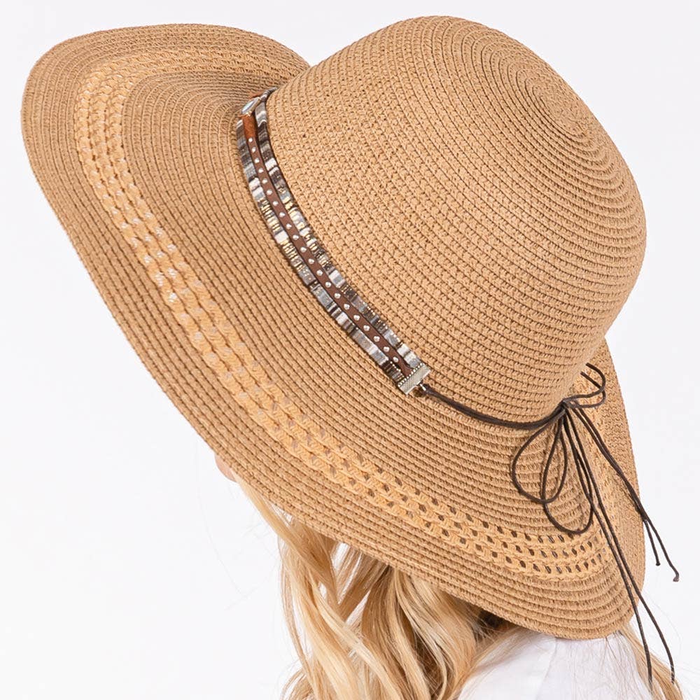 Wide Brim Straw Sun Hat with Evil Eye and Multi Design Band