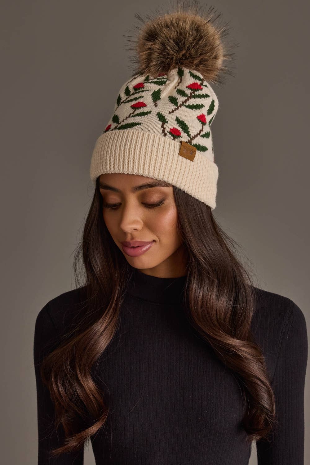 Cream Floral Pattern Knit Pom Hat