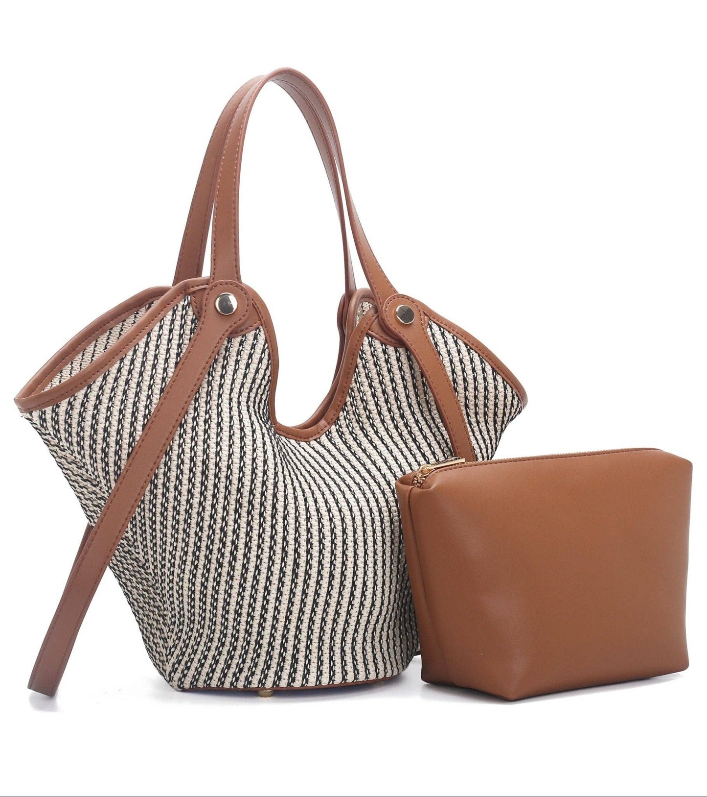 Stripe Straw Tote Bag With Pouch Set