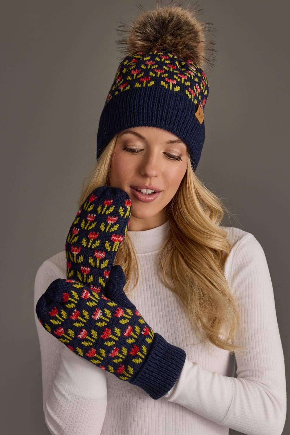 Navy Floral Pattern Knit Pom Hat