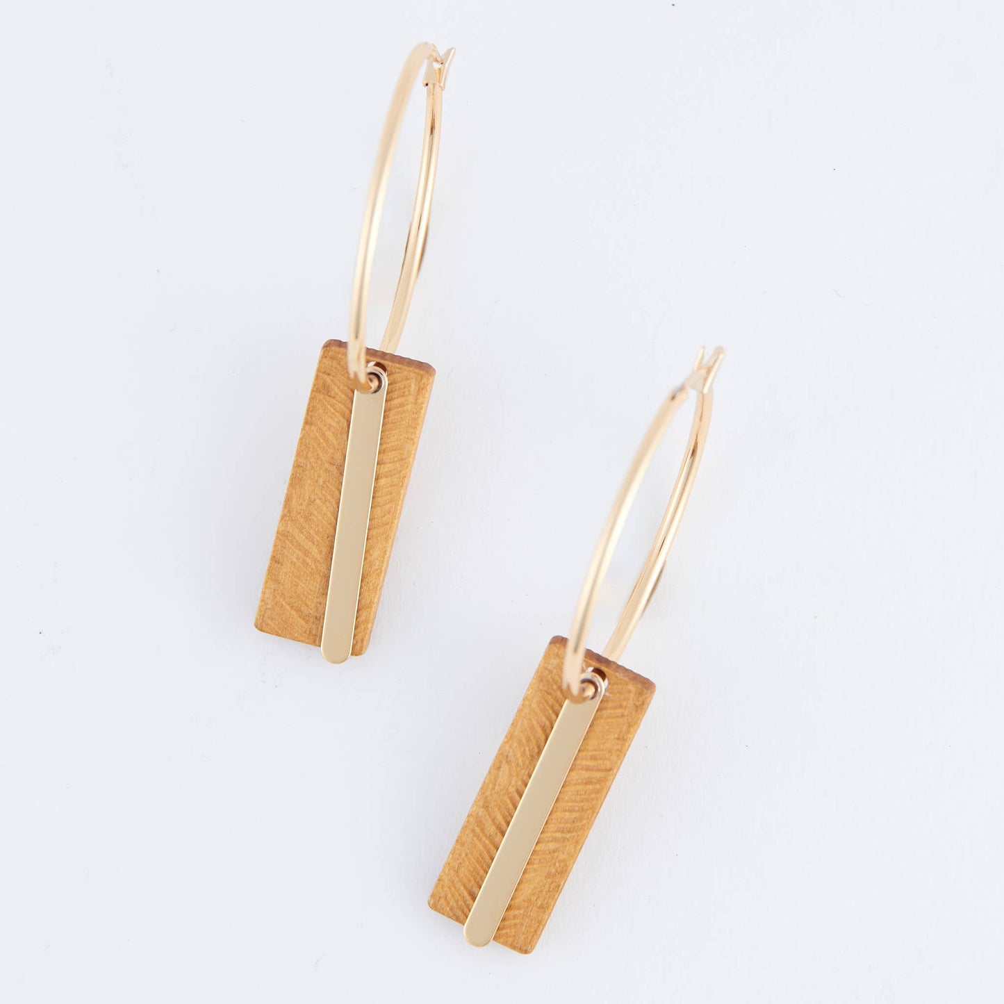 Wooden Bar Gold Hoop Earrings