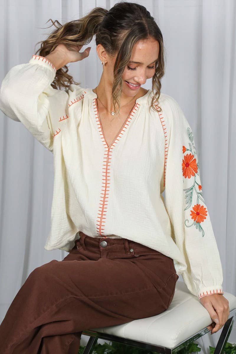 Floral Embroidered Gauze Blouse