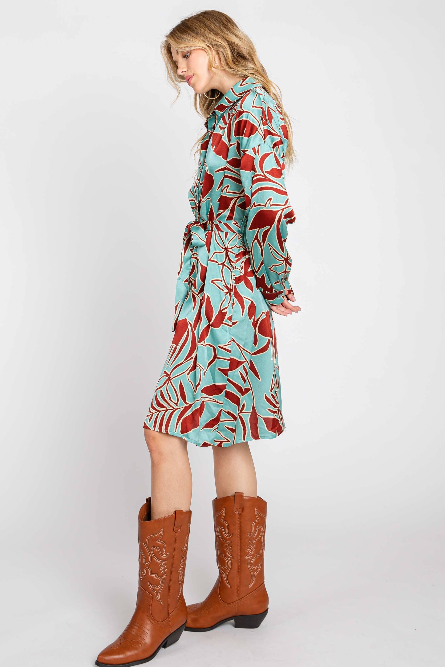 Printed Satin Shirt Dress