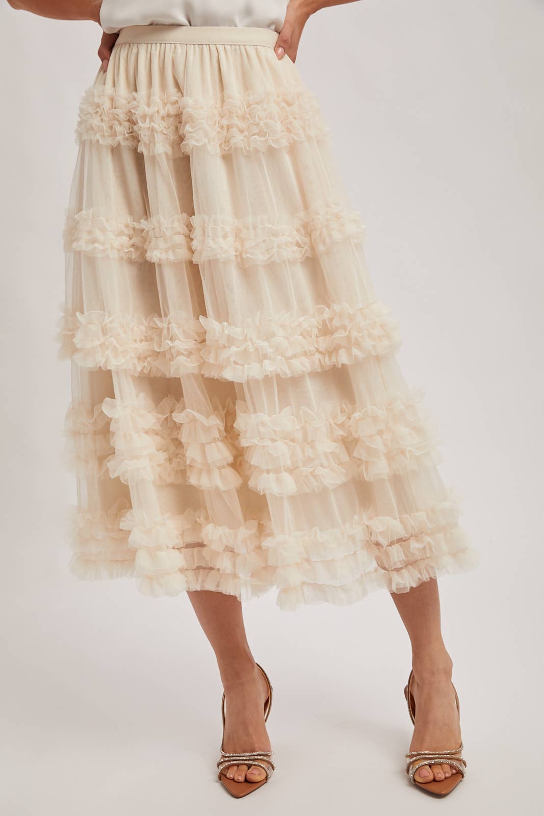 ROMANTIC RUFFLE TIERED TULLE MIDI SKIRT