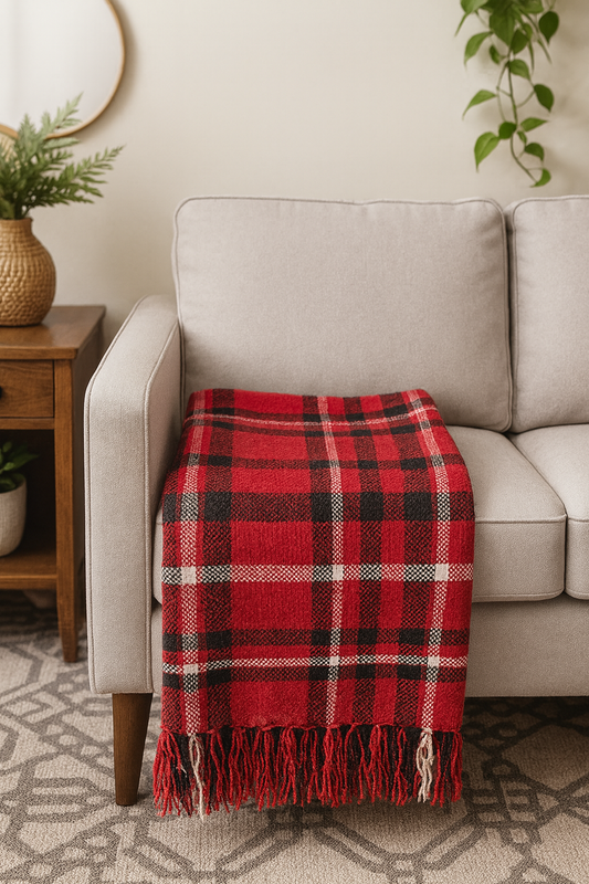 Red Chenille Woven Plaid Tassel 50"x60" Throw Blanket