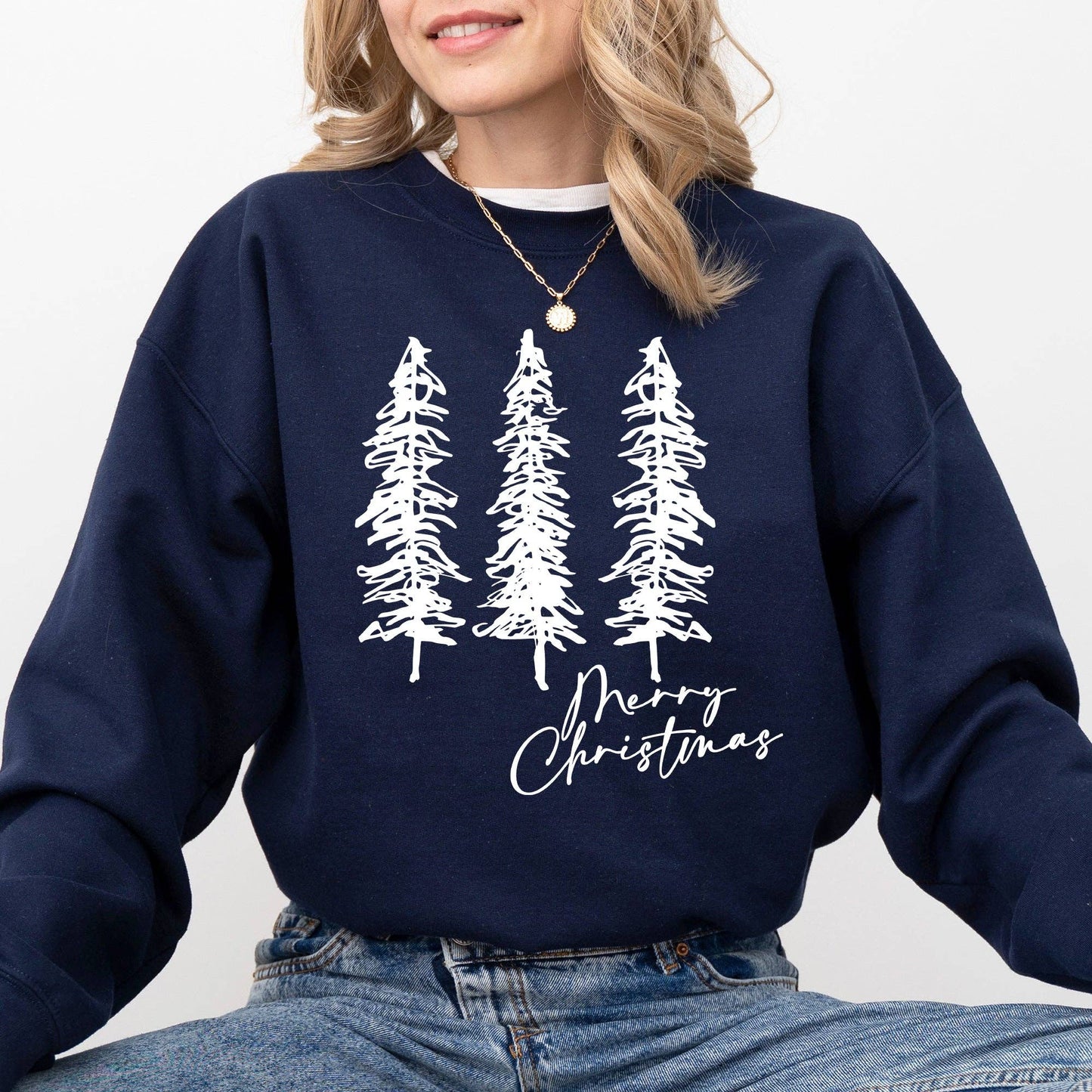 Merry Christmas Sketched Pine Trees Sweater