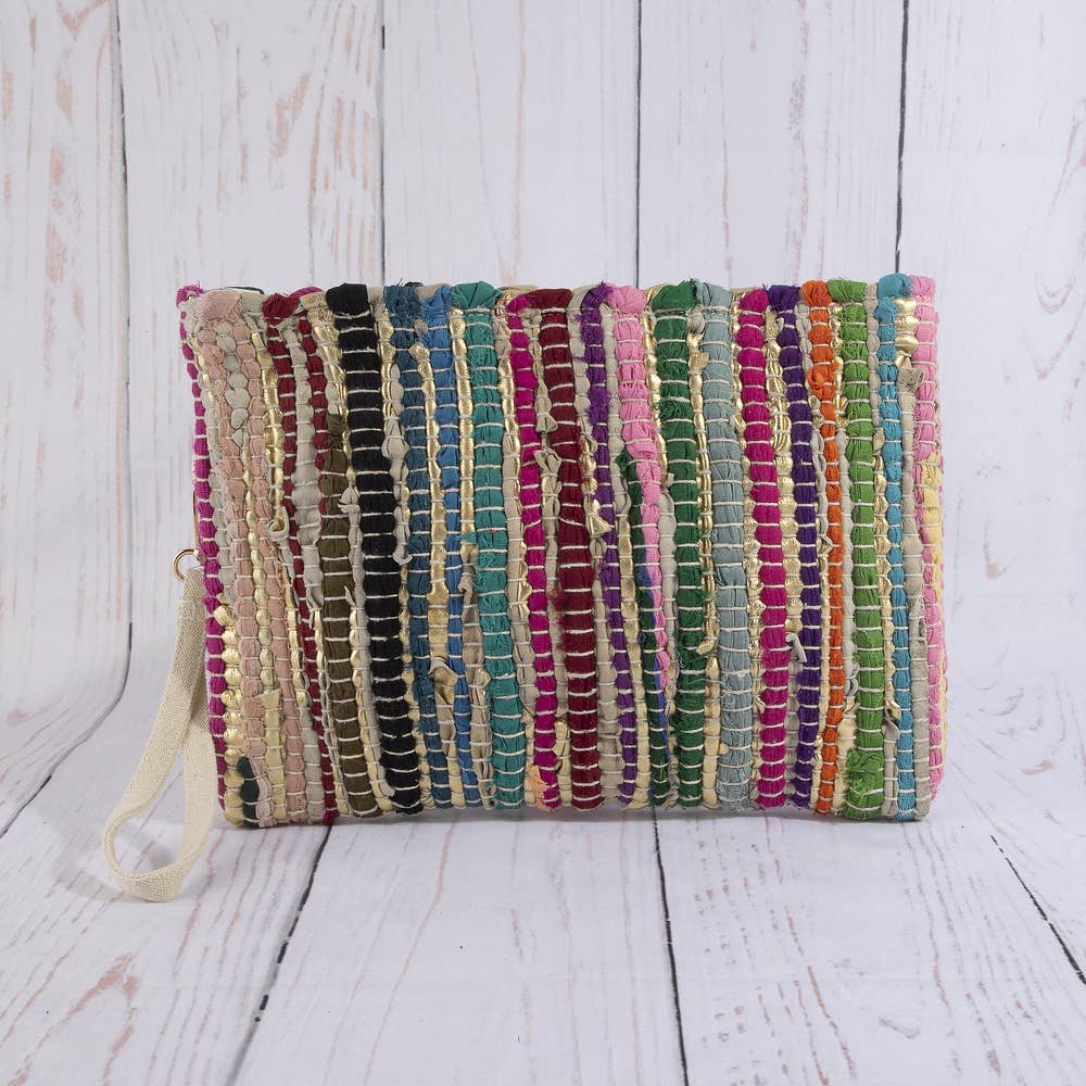 Woven Metallic Stripe Wristlet Clutch Bag