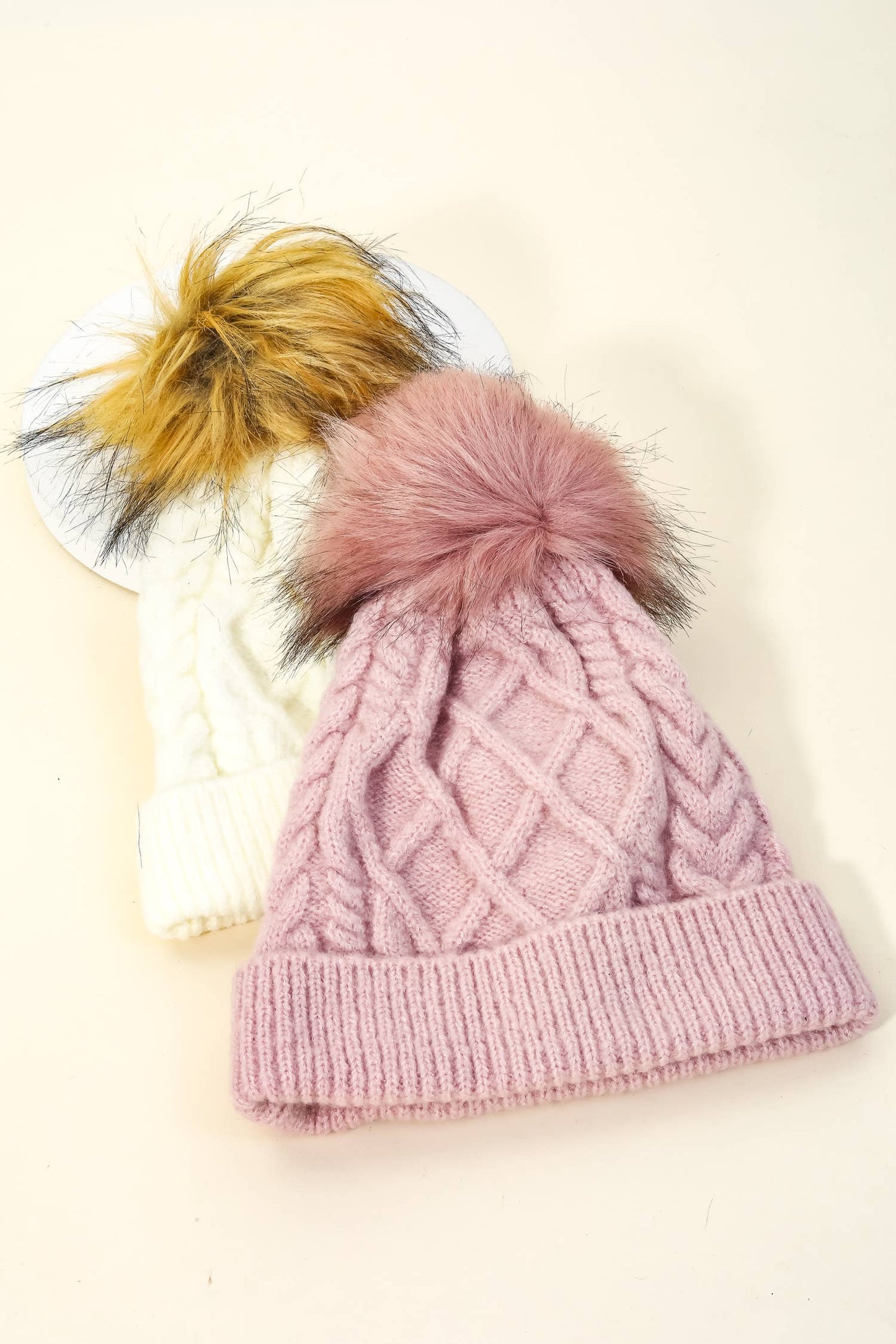 Cable Knit Fuzzy Pom Beanie