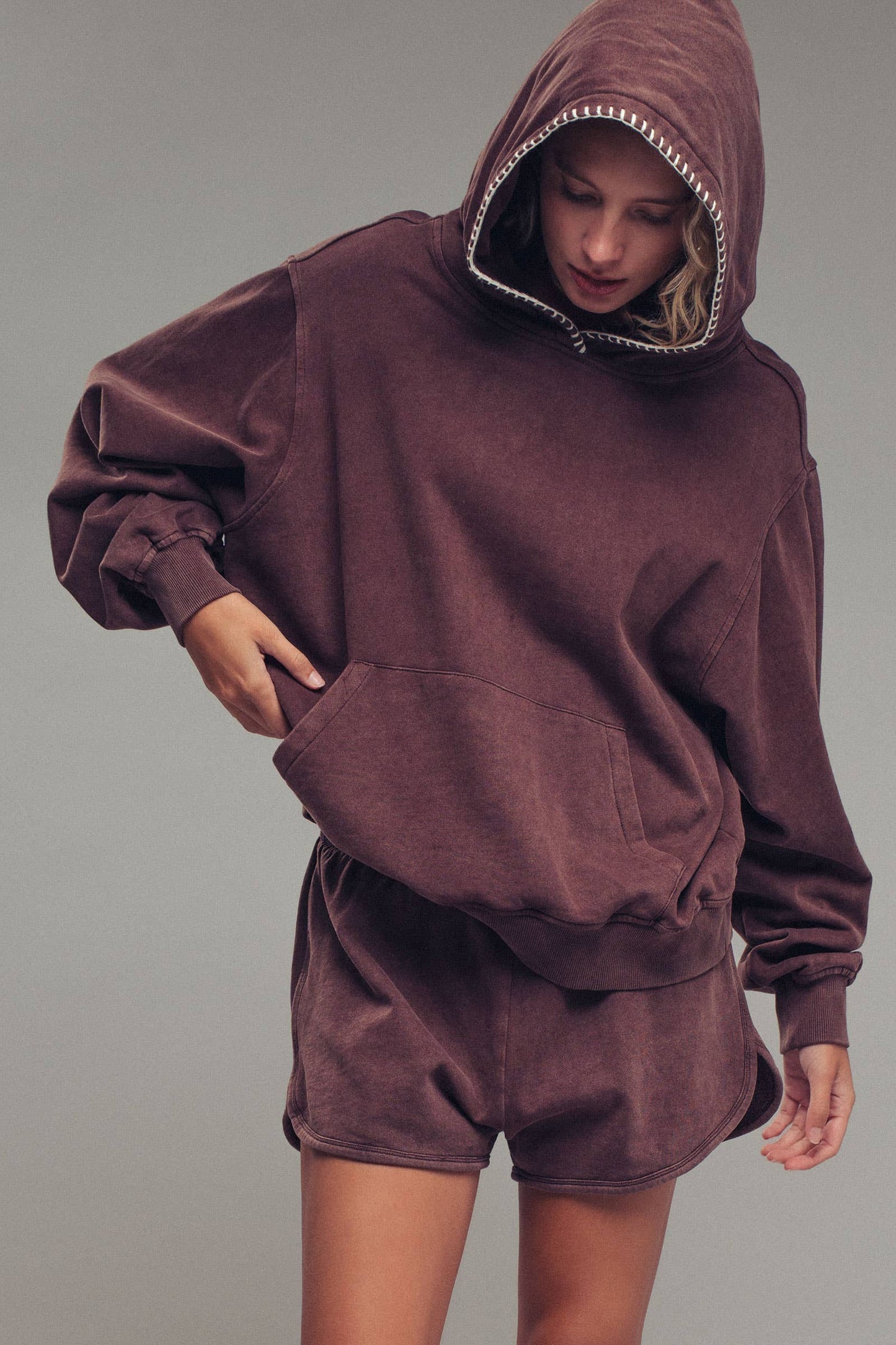 Vintage-Wash Crochet Trim Hooded Sweatshirt