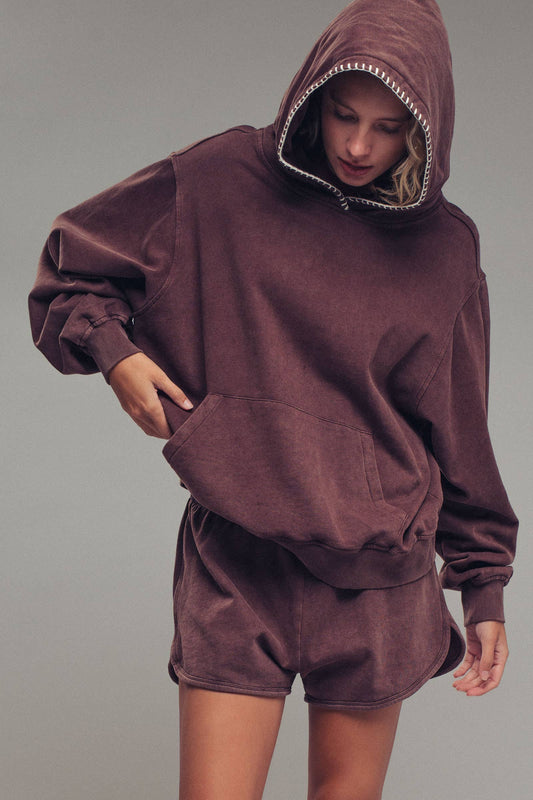 Vintage-Wash Crochet Trim Hooded Sweatshirt