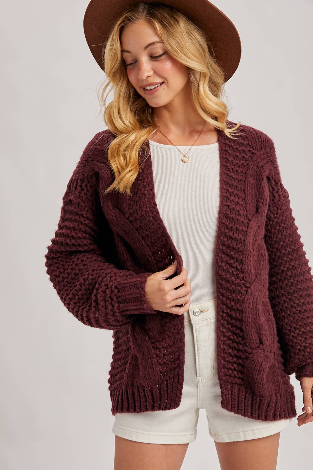 Merlot Cable Knit Cardigan