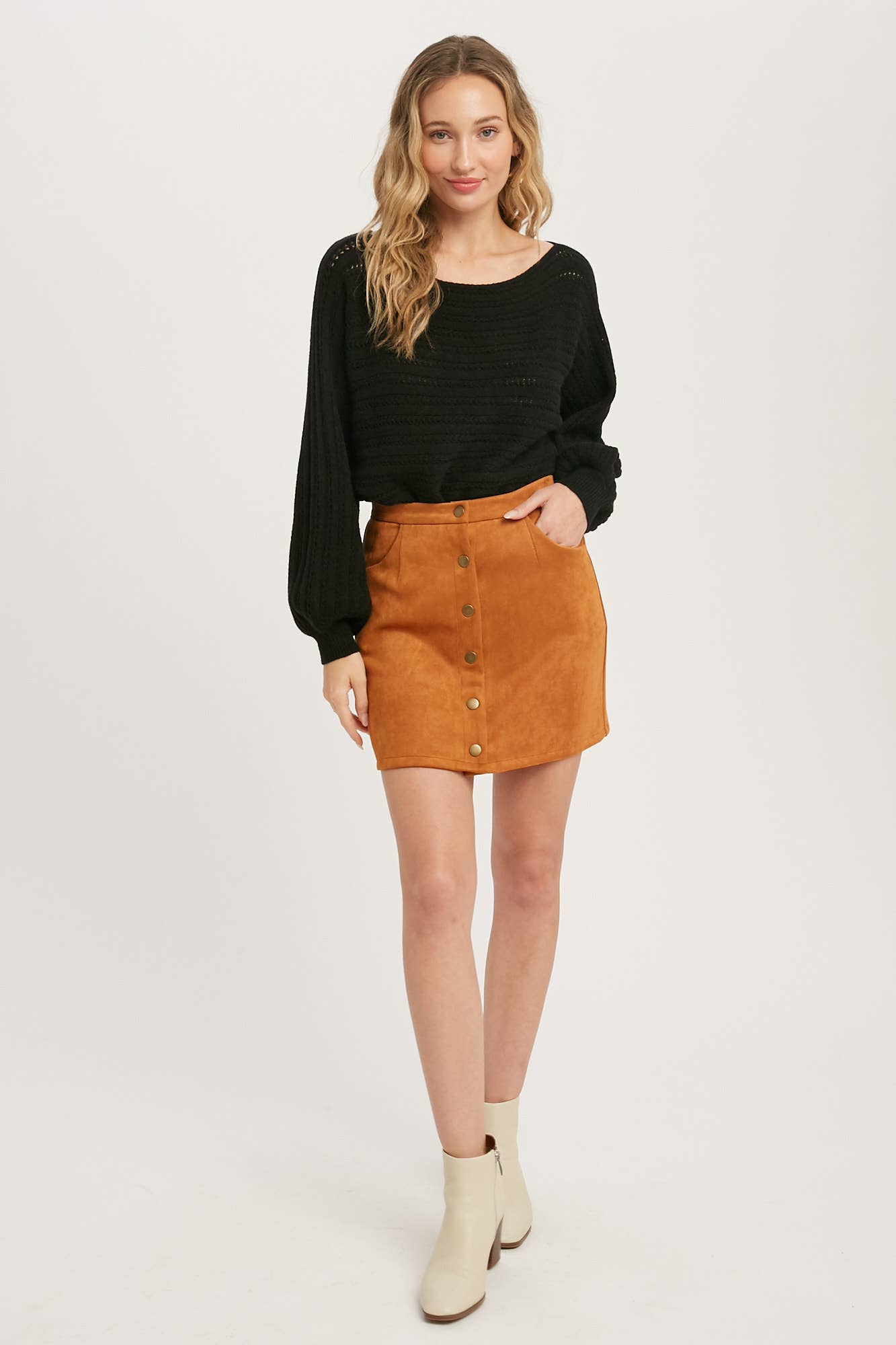 Button-Up Suede Mini Skirt