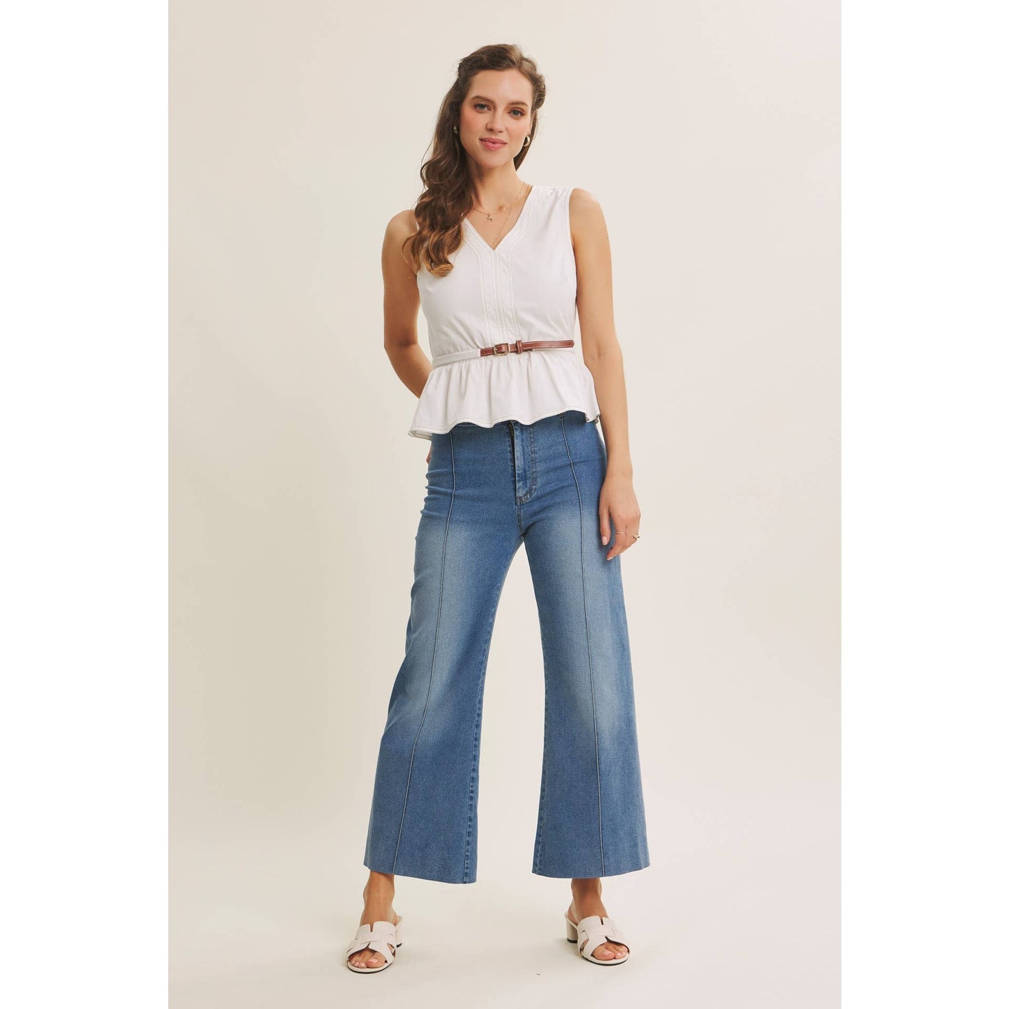Belted Cotton Top with Contrast Stitching
