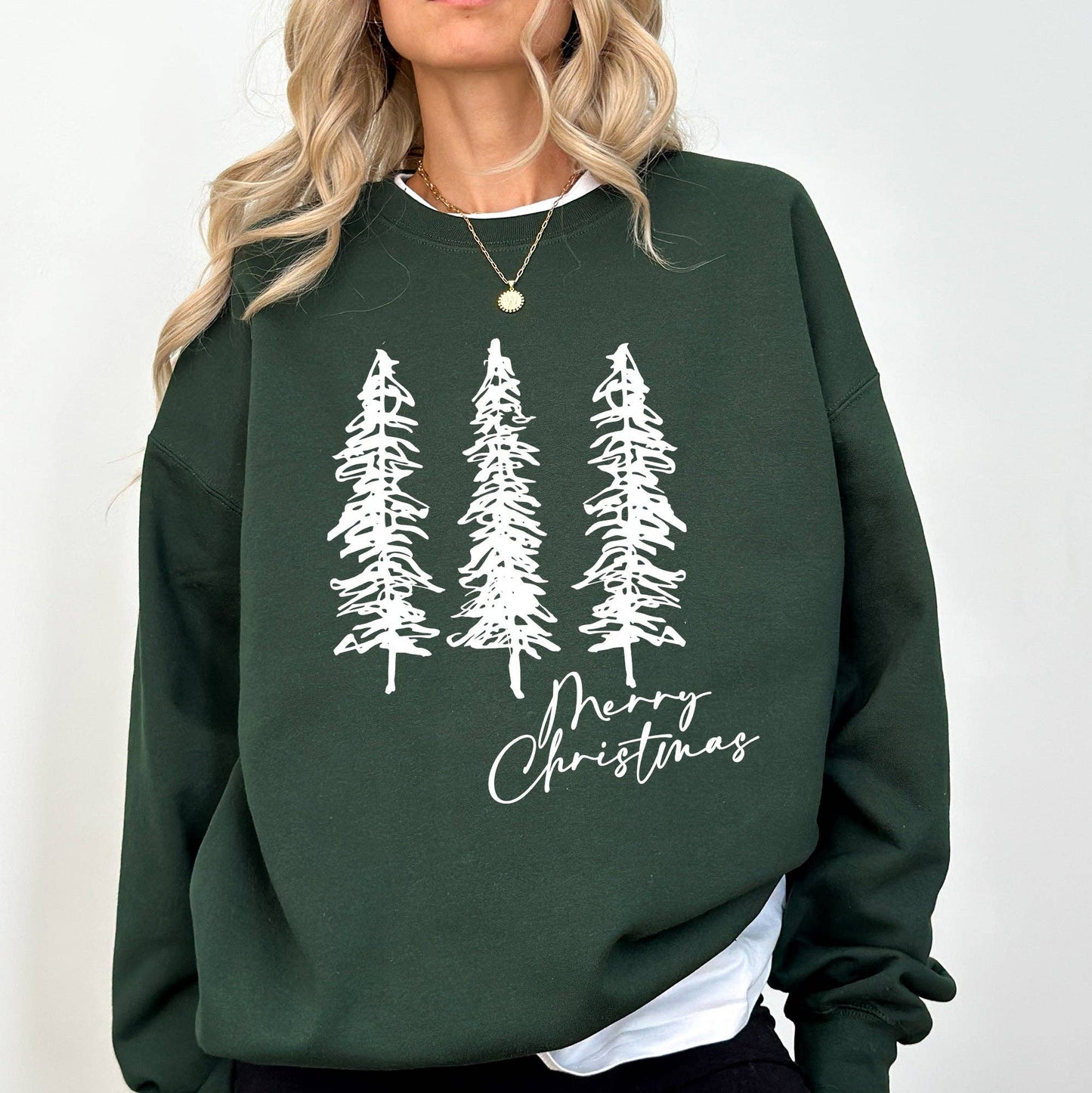 Merry Christmas Sketched Pine Trees Sweater