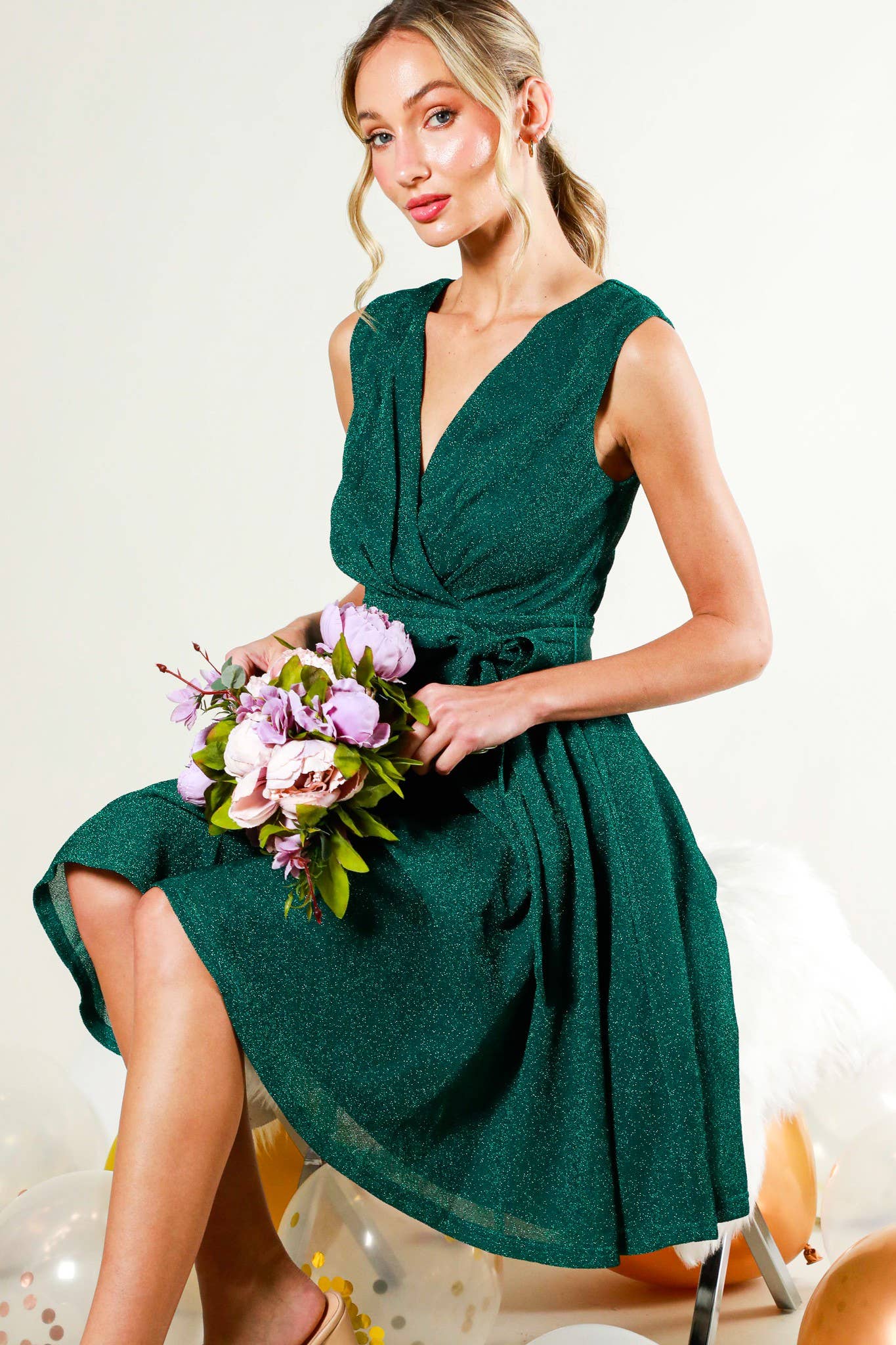 V-neck Sleeveless Tie Waist Midi Dress