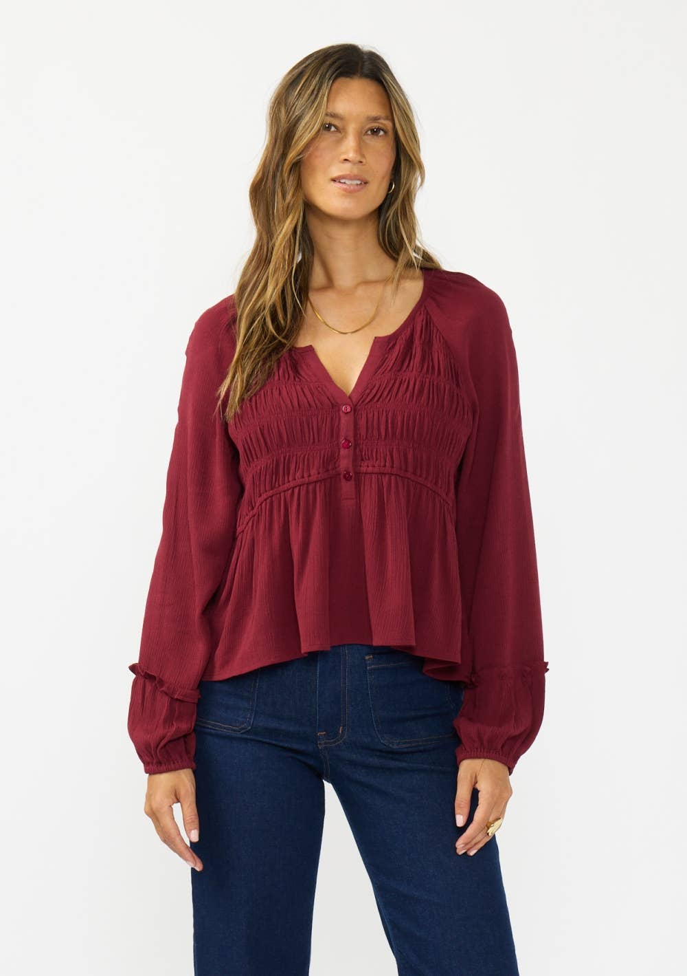 Maroon Bells Smocked Ruffle Hem Top