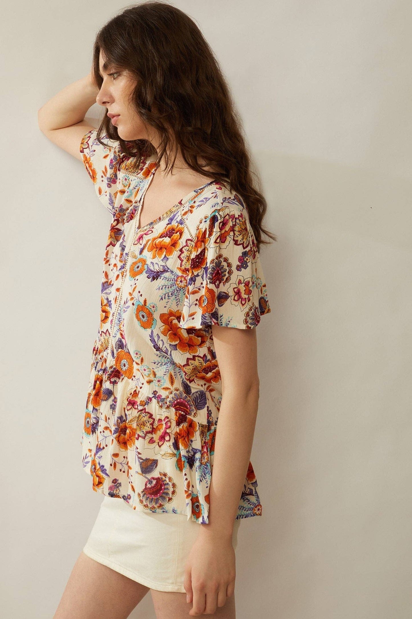 Floral Spree V-Neck Ruffled Top