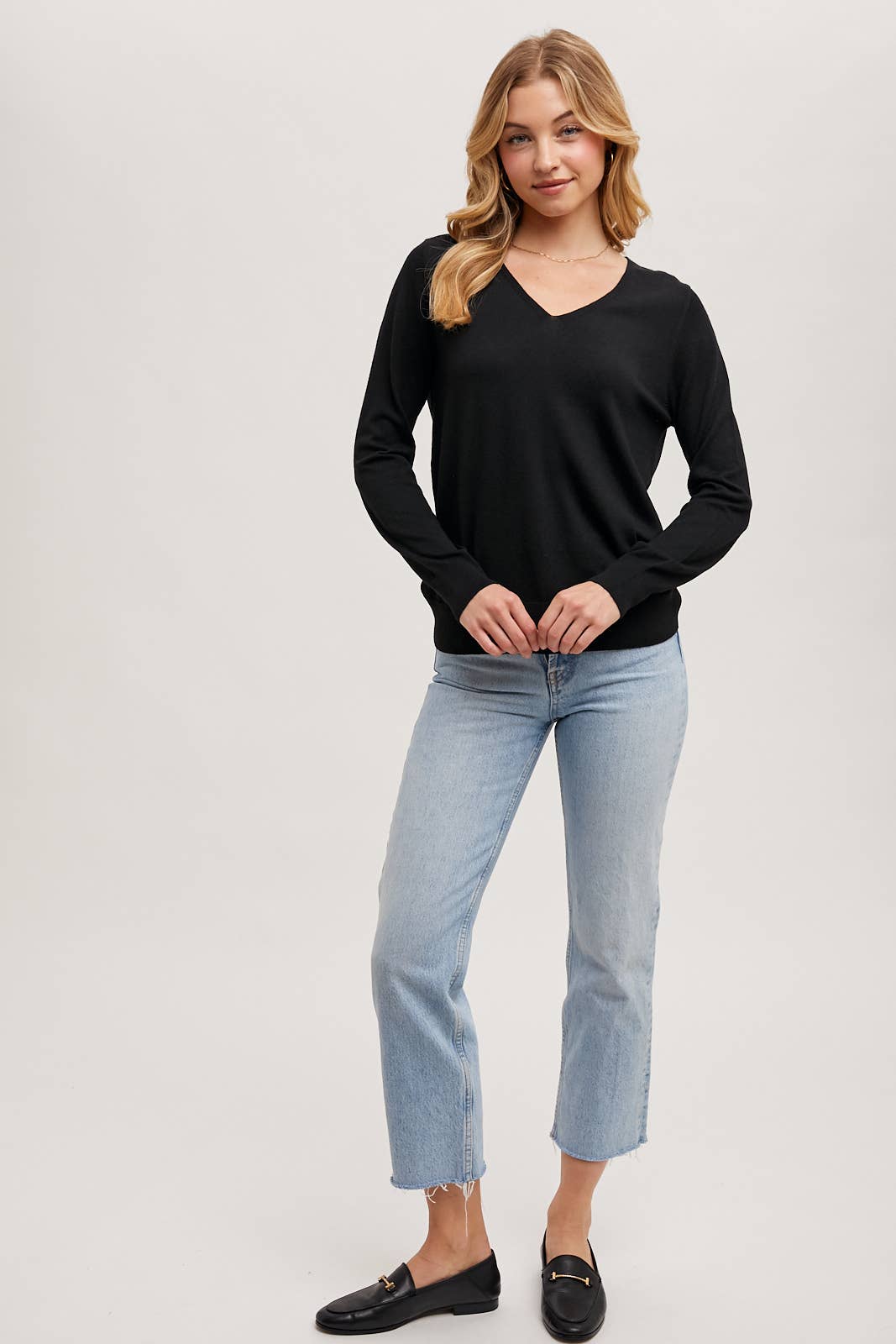 V-Neck Knit Pullover Long Sleeve Top