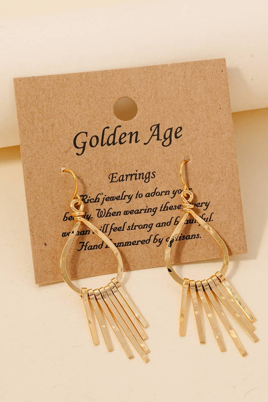 Hammered Tear Bar Fringe Dangle Earrings